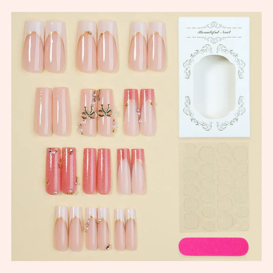 24PCS Glitter Pink French Simple Press on False Nails Golden Bow Patterns Sweet Cool Long Square Fake Nails Spice Girls Wearable