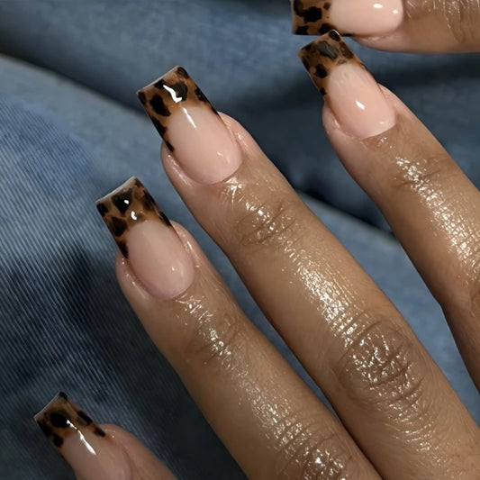 24Pcs Fake Nails Leopard Print French Tips Euro-Style Square ShapeMedium Length Press-On Nail Perfect Gift for Girls and Friends