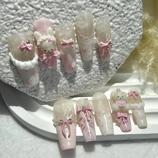 10PCS Cute 3D Bow Teddy Bear Pink French Handmade Press On Nails Lolita Kawaii Bunny Long Fake Nails Pearls Glitter Nail Art