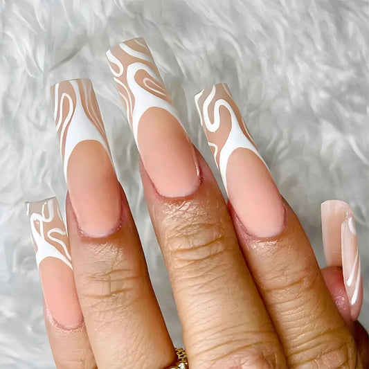 24Pcs Long Ballet French False Nails with White Irregular Line Design Press on Fake Nails Simple Wearable Full Cover Nails Tips