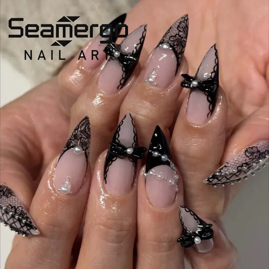 24PCS Gothic Spice Girls False Nails Y2k Black Bowknot Lace French Press on Nails Simple Almond Reusable Fake Nails Fashion Tips