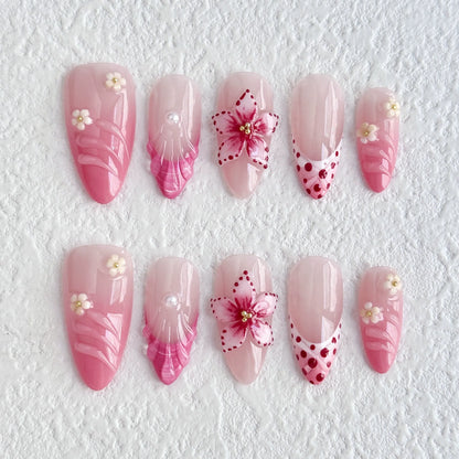10Pcs 3D Flower Almond Handmade Press on Nails Fake Nails Wearable Stick-on Nails False Nail Uñas Postizas Накладные Ногти 네일팁