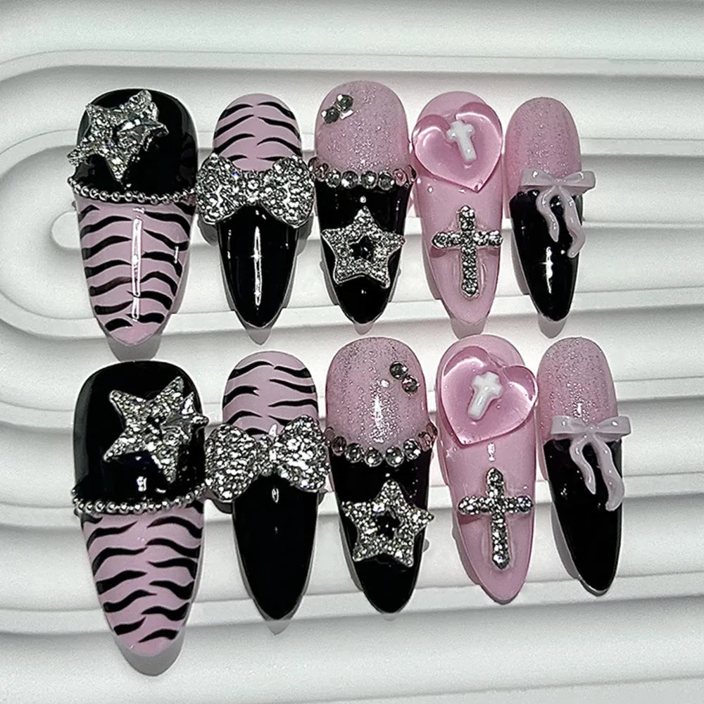 Y2K Baddie Gyaru Black Pink Long Tip French Press On Nails Jirai Nail 3D Bow Star Cross Love Zebra Print Yami Kawaii Fake Nails