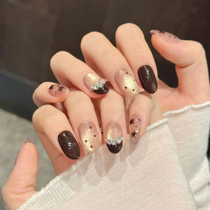 10pcs Handmade Short Oval False Nails Brown Five-pointed Star French Style Press On Nails Champagne Cat's Eye Autumn Fake Nail