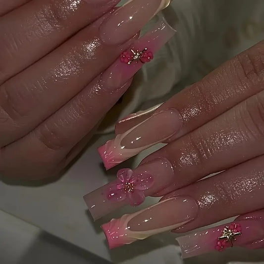 Long Square False Nails Press on Nails Sweet Butterfly Pattern with 3D Pink Bowknot Flower Diamond Full Cover Wearable Manicure