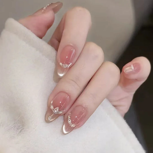 24pcs Simple Cat's Eye Fake Nail Tips with Line French Diamond Long Almond False Nails Sets Press on Nude Pink Wearable Nails
