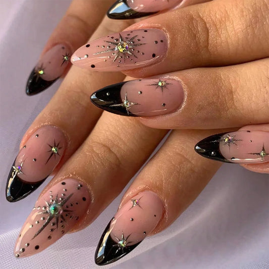 Medium fake nails for women glitter golden silver stars gradient nude purple black almond square nail tips press on false nail