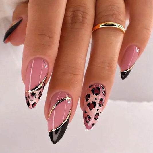 24Pcs Leopard Print Fake Nails Press on Long Almond French Removable Full Cover Nail Tips Wearable Finished Fingernails Nail Art