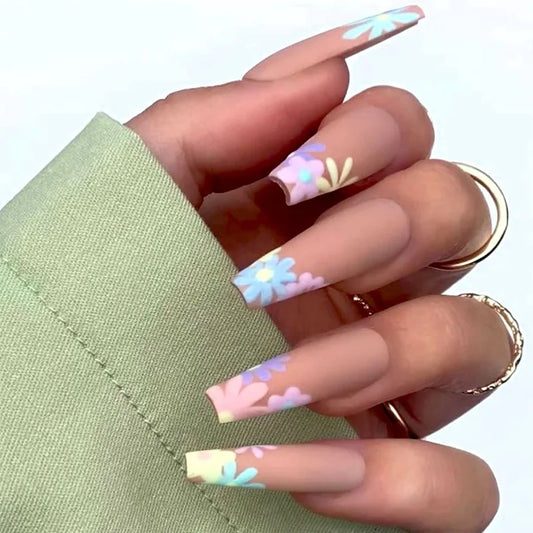 24pcs Long Square Fake Nails Press on Green French Shiny Powder Nails Tips Butterfly False Nail Sets Wearable Ballet Manicure
