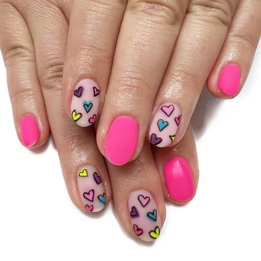 24Pcs Short Round Head Fake Nails Press on With Colorful Love Heart Design Full Cover False Nails Reusable Finished Manicure Tip
