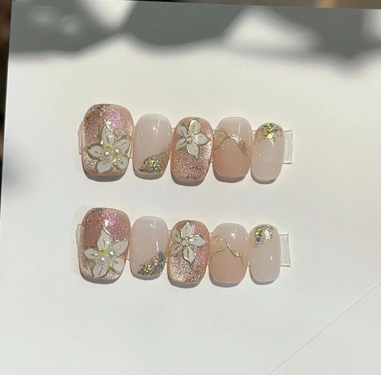 10Pcs Handmade Press on Nails Wearable False Nails Full Cover Glossy Flowers Short Pink Artificial Manicure False Nail Tips Art