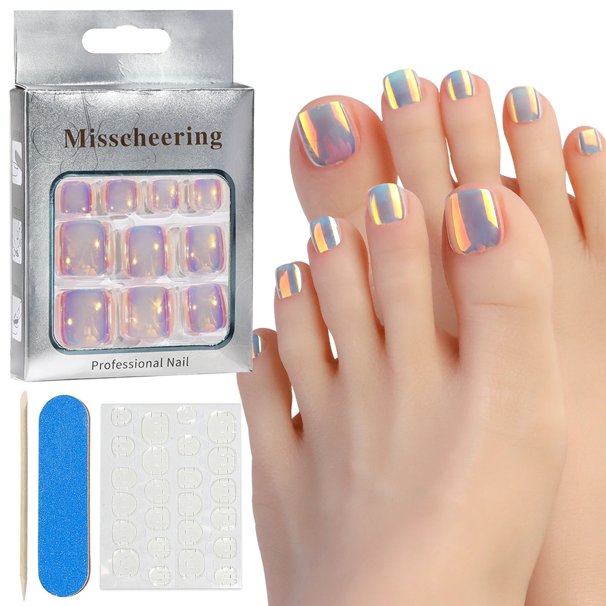24pcs Glitter Fake Toenails With Glue French Line Glitter False Toe Nails Art Detachable Press On Toenails Acrylic Nails Tips