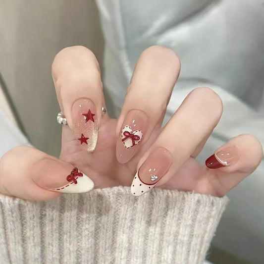 24pcs Polka Dot French Press on Nails Tips Lines Bow Design Almond Fake Nail Art Wearable Glitter Rhinestone Red False Nails Set