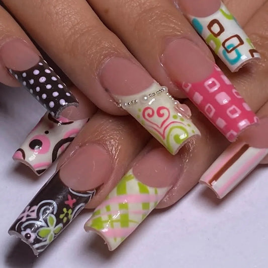 24pcs European Long Coffin Fake Nails Colorful Sweet Cool Press on Nails for Girl Wearable Fashion French False Nail Patches