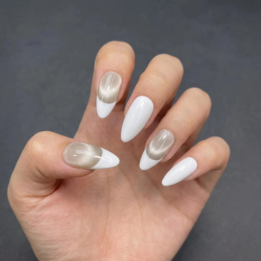 10pcs/bag Minimalist White French Cyber Chrome Violet Premium Handmade Press On Nails Almond Detachable Reusable False Nails