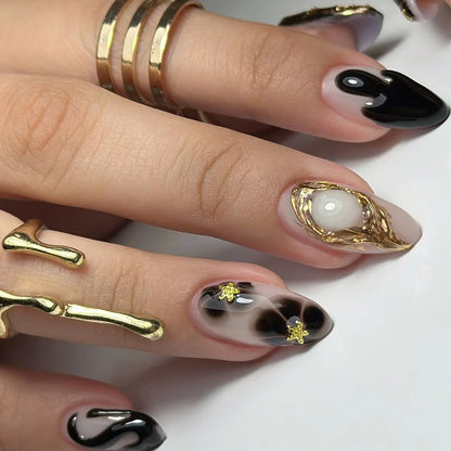 Wine Red French Wearable Nail Art Flowers Petal Halo Dyeing Almond False Nails Detachable Finished Fake Nails Press on Nails