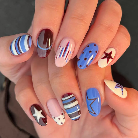 24pcs INS y2k Almond Fake Nails Blue and Brown Strip Printed Press on Nail Wearable Reusable European Spice Girls False Nails