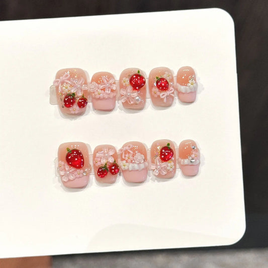 10Pcs Pink White French Short Square Press on Nails Full Cover Cute Shiny Bow Rhinestone Chain Finished Nail Stickers Reusable