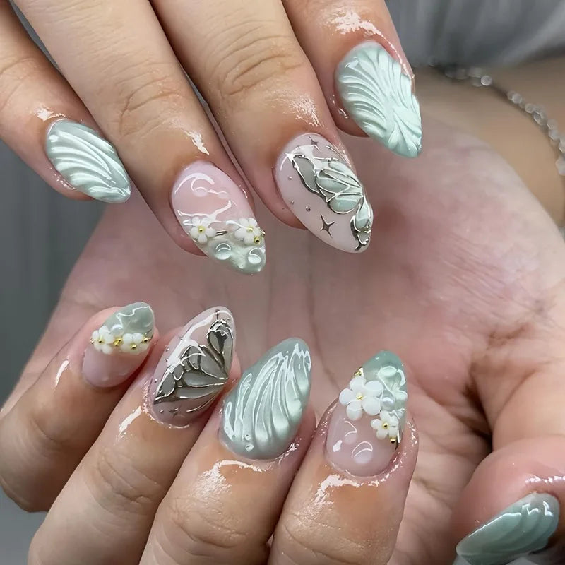 Harvest – Brown Floral 3D Almond Press-On Nails