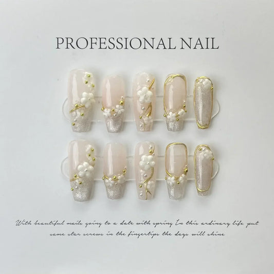 10Pcs Handmade  French Nails Set Press On  Flower Diamond Decoration Fake Nails Full Cover Removable Manicuree  XS S M L Size