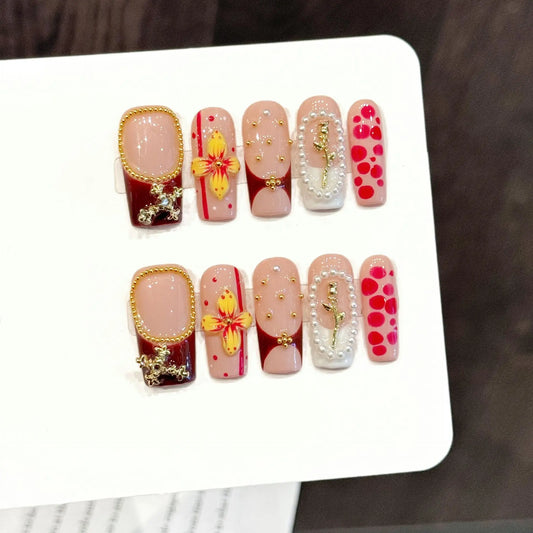 10PCS Long Square Handmade Press On Nails,Soft Pastel And Sweet-cool Style,Suitable For Festivals Parties And Daily Wear.