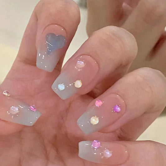 24pcs Colorful Rhinestone Full Cover Nail Tips Gradient Blue Ballet False Nails Simple Square Fake Nail Finished Press on Nails