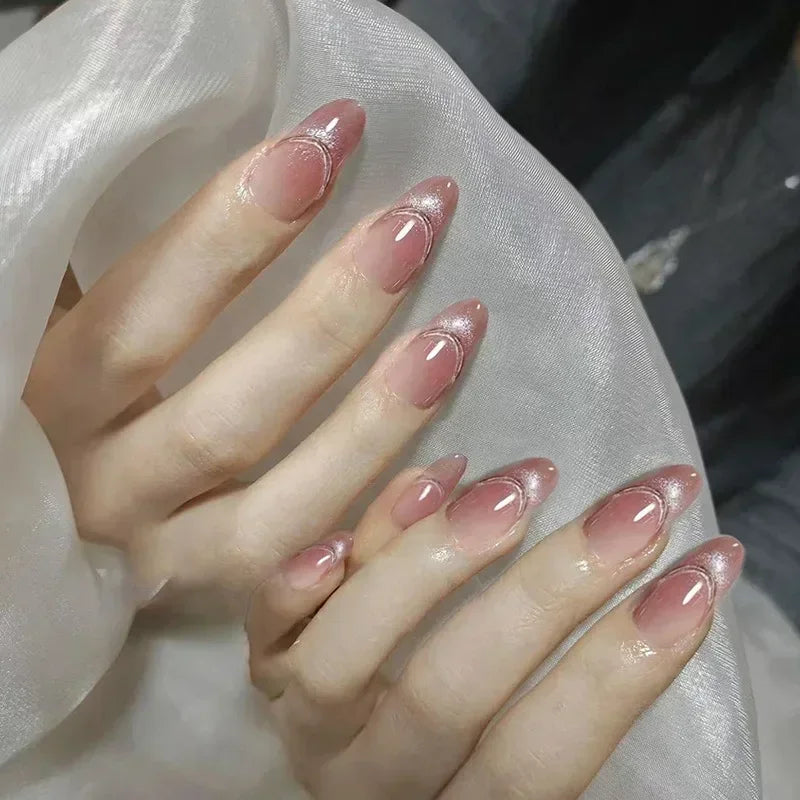 24Pcs Almond Fake Nails with Shimmery Powder Simple Nail Art Ombre French Full Cover Wearable Nail Manicure Tips for Girls Daily