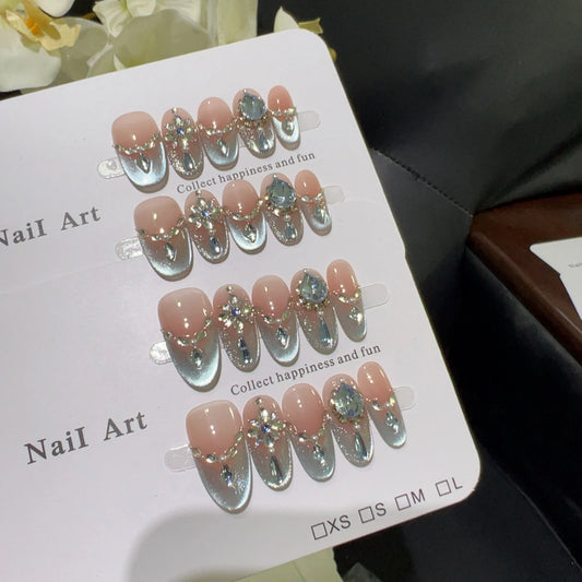 10pcs high-end Fully drilled with high-end cat's eyes handmade coffin French tips fake nails, Short nail patches for women