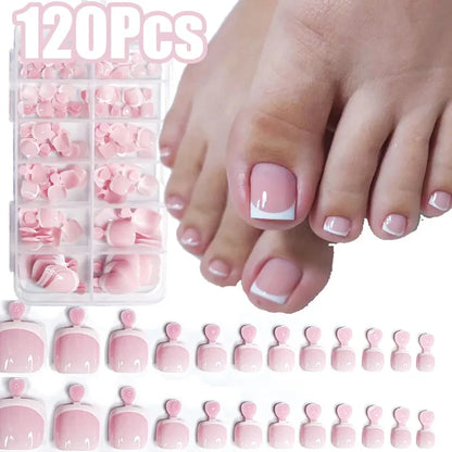 120Pcs Glossy Nude Pink French Press-On-Toenail Set 1*Box Short French Square  Fake Toe Nails Solid-Color Manicure Toenails Tips