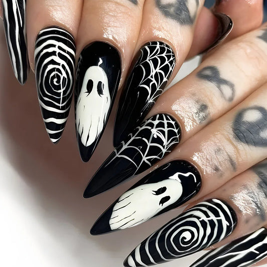 24pcs Black Cool False Nails with Ghost Spider Web Pattern Decor Almond Fake Nail Tips Wearable Halloween Party Press on Nails