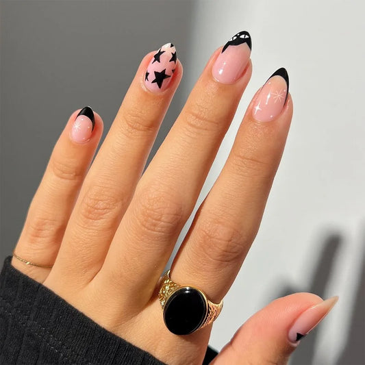 24pcs French Pink Fake Nails Press on Round Head Almond Nails Tips with Gold Powder Lines Design False Nail Simple Manicure Sets