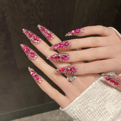 10pcs Rose Pink Handmade False Nails Full Glitter Rhinestone Light Luxury Press On Nails Long Stiletto Fake Nail For Spicy Girls