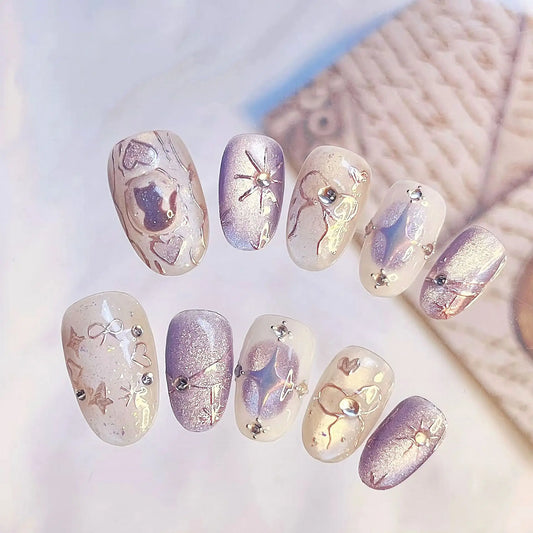 24pcs Diamond Love Design Nails Sets Press on Purple Short Almond False Nails Tips Wearable Rhinestone French Oval Fake Nail Art