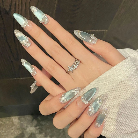 10Pcs Blue Cat's Eye Handmade Fake Nails Flower Pearl Rhinestone False Nails Press on Long Round Reusable Full Cover Nails Tips