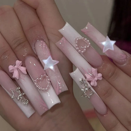 24 pieces of super long water pipe French bow sweet pearl love fake nails burst hollow stars nail patch