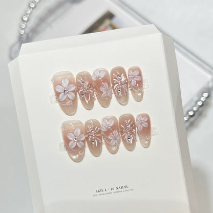 10Pcs Pink Shiny Cat Eye Sweet Lovely Nails Sticker 3D Flowers Almond Oval French Finished Fashion Fake Nail Full Cover Press On