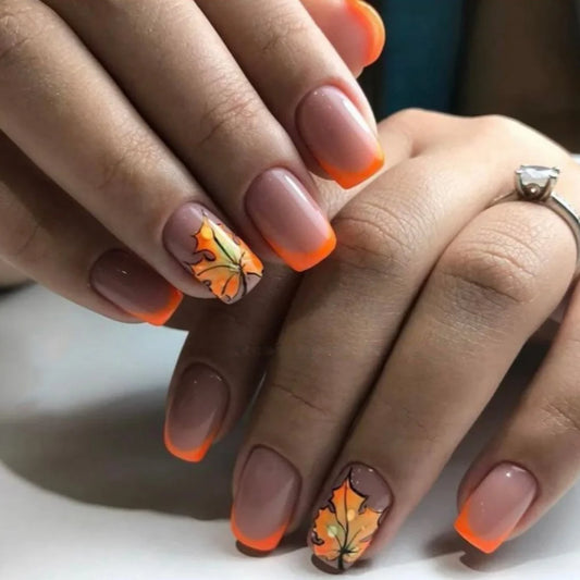 24pcs Orange French Press on Nails Finished Simple Leaves Design Stick on Nail Art Short Square Fake Nails Sets False Nail Tips
