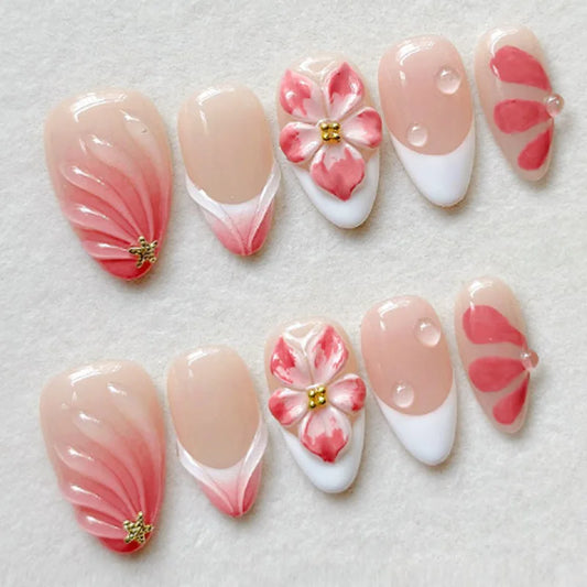 24Pcs Summer Ocean Style Press on Nails with Pearl 3D Blue French Fake Nail Mid-length Almond Wearable False Nail Tips Jellyfish