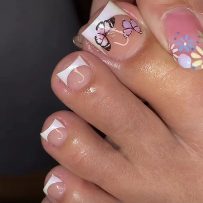 White French Fake Toenails with Rhinestone Design False Toenails for Girls Women Acrylic Toe Nail Tips Full Cover Wearable 24pcs