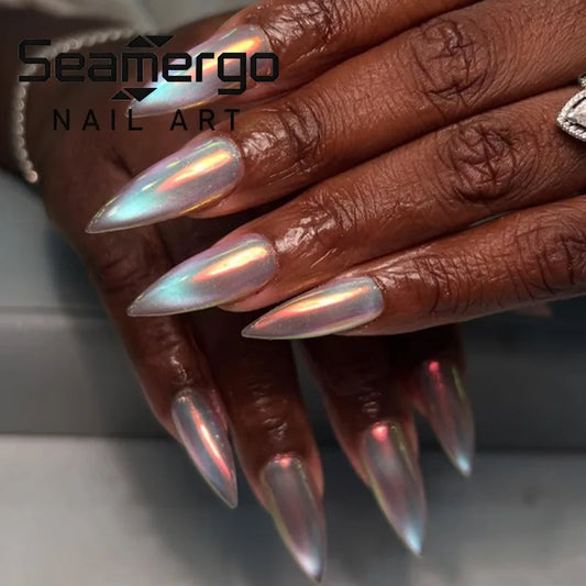 24PCS Holographic Iridescent Press on Nails Stiletto Fake Nail with Chrome Finish Glossy Mirror Effect Futuristic Sleek Nail Art