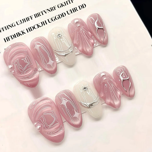 24pcs Pink Cat's Eye Press on Nails Gilded Silver Smudge Design Full Cover Pearl Decor Almond False Nails Ins Fashion Fake Nail