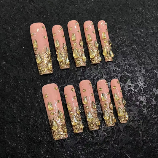 10pcs high-end Long pink and golden small diamonds handmade coffin French tips fake nails, Party travel nail decoration patches