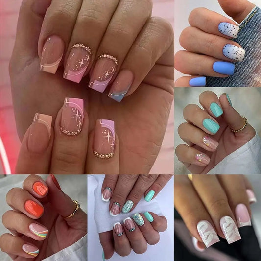 Long Square False Nails White Lips Starbursts Small Flower Fake Nials French Rainbow Stripes Nail Tips DIY Nail Art Accessory