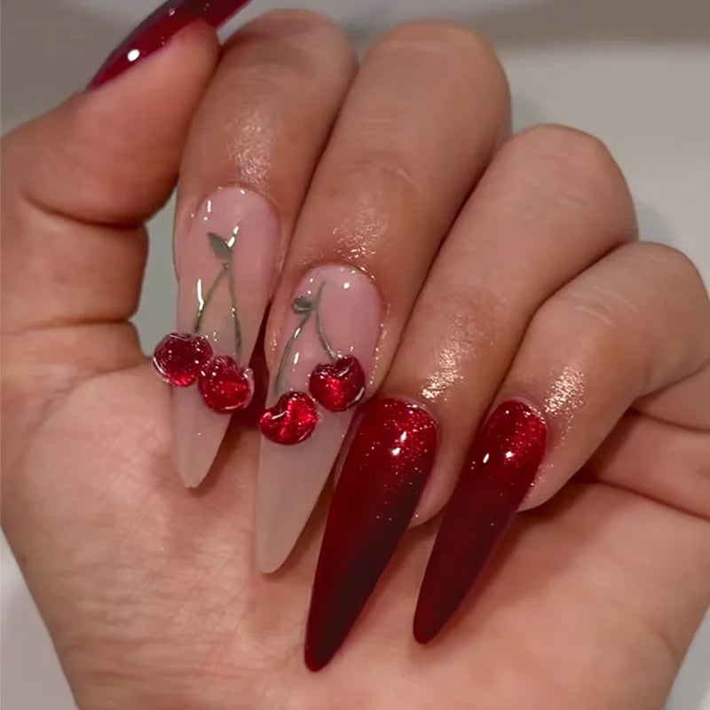 24PCS Red Bow Red False Nails Love Gemstones Stiletto Press on Nails Valentines Day French Tip Design High End Daimond Manicure