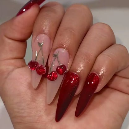 24PCS Red Bow Red False Nails Love Gemstones Stiletto Press on Nails Valentines Day French Tip Design High End Daimond Manicure