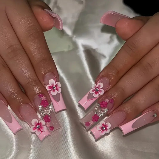 24pcs Flower Stick on Nail Finished French Pink Long Square Fake Nails Butterfly Rhinestone Design False Nail Tip Press on Nails