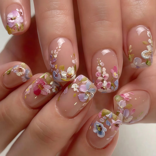 24Pcs Short Square Head Full Cover Fake Nails with Spring Colorful Flower Design False Nails Detachable Press on Nails Tips Art