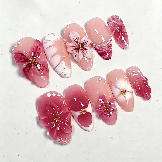 24pcs Long Almond Press on Nails Tip with Cute Flower Butterfly Design Stick on False Nail Art French Pearl Pink Blush Fake Nail