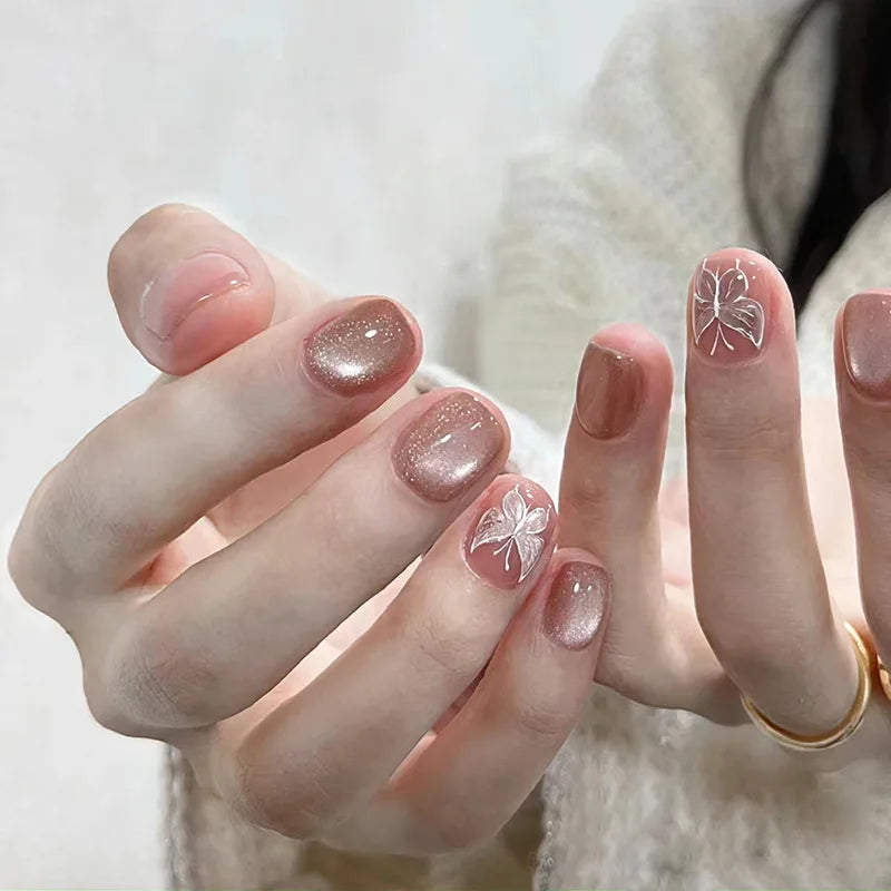 24pcs Cat's Eye Brown Fake Nails Art Fantasy Polka Dot Design Ballet Press on Nails Tips Short Square False Nail Purple Manicure