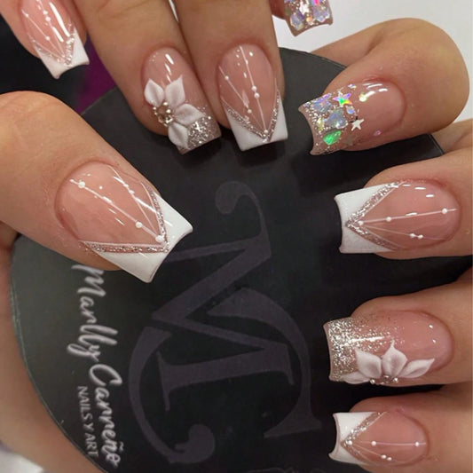 24pcs French flash white border cherry blossom rhinestone fake nailsWhitening Nail Set With Detachable Fake Nails For Festival